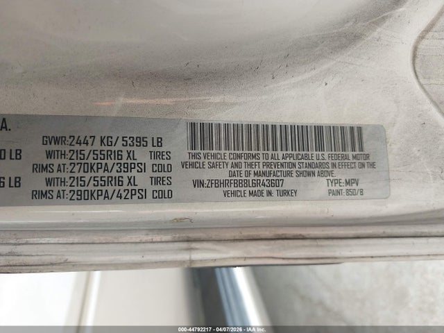 44792217 :رقم المزاد ، ZFBHRFBB8L6R43607 vin ، 2020 Ram Promaster City Tradesman Slt مزاد بيع