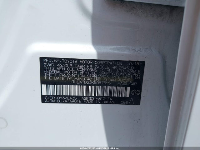 Aukcja sprzedaży 2019 Lexus Is 300, vin: JTHBA1D23K5087565, numer aukcji: 44792233