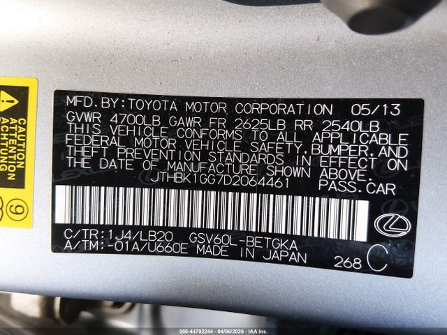 44792244 :رقم المزاد ، JTHBK1GG7D2064461 vin ، 2013 Lexus Es 350 مزاد بيع