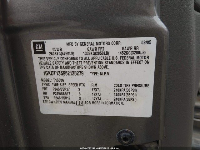 Продажа на аукционе авто 2006 Gmc Envoy Sle, vin: 1GKDT13S962128279, номер лота: 44792246