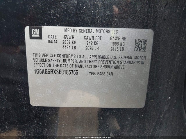 44792248 :رقم المزاد ، 1G6AG5RX3E0185765 vin ، 2014 Cadillac Ats Standard مزاد بيع