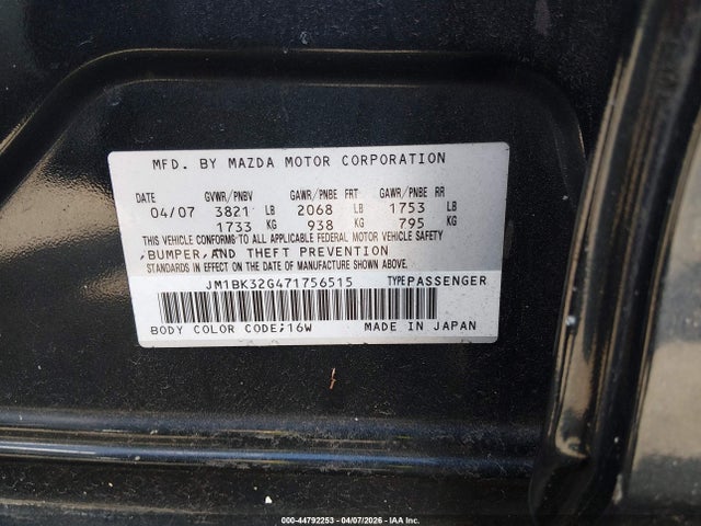 44792253 :رقم المزاد ، JM1BK32G471756515 vin ، 2007 Mazda Mazda3 I Touring مزاد بيع