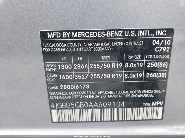 Aukcja sprzedaży 2010 Mercedes-benz Ml 350, vin: 4JGBB5GB0AA609104, numer aukcji: 44792264