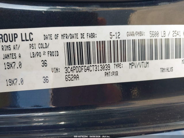 2012 Dodge Journey R/t მანქანა იყიდება აუქციონზე, vin: 3C4PDDFG4CT313039, აუქციონის ნომერი: 44792294