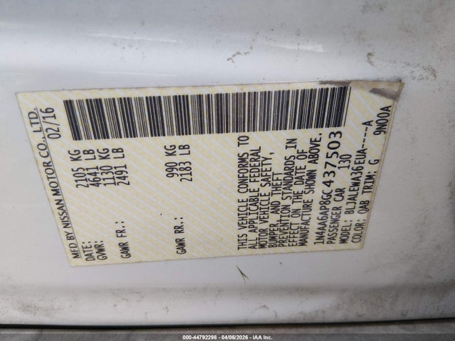 Aukcja sprzedaży 2016 Nissan Maxima 3.5 Sl, vin: 1N4AA6AP8GC437503, numer aukcji: 44792298