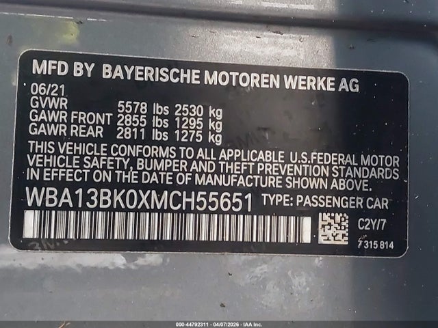 Продаж на аукціоні авто 2021 Bmw M550i Xdrive, vin: WBA13BK0XMCH55651, номер лоту: 44792311