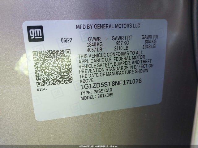 Aukcja sprzedaży 2022 Chevrolet Malibu Fwd Lt, vin: 1G1ZD5ST8NF171026, numer aukcji: 44792321