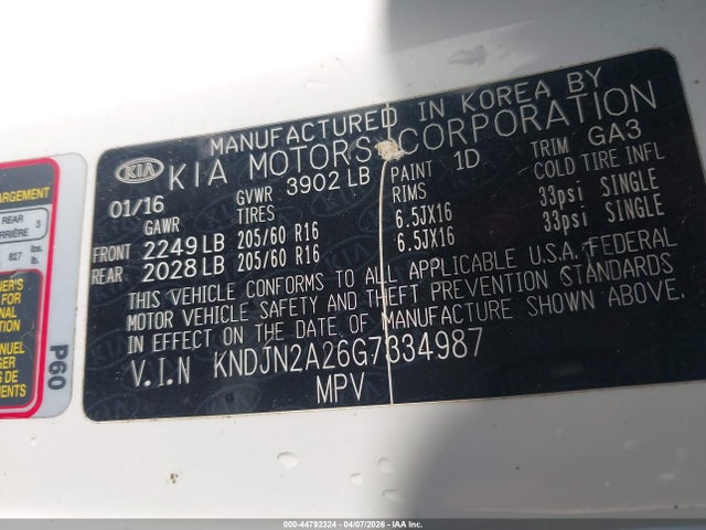 44792324 :رقم المزاد ، KNDJN2A26G7334987 vin ، 2016 Kia Soul مزاد بيع