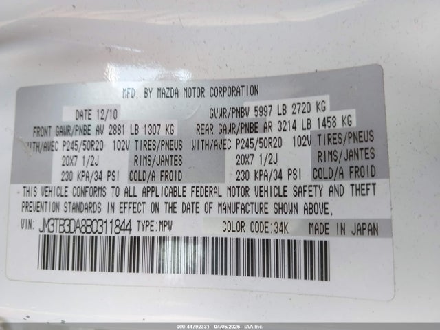 Продажа на аукционе авто 2011 Mazda Cx-9 Grand Touring, vin: JM3TB3DA8B0311844, номер лота: 44792331