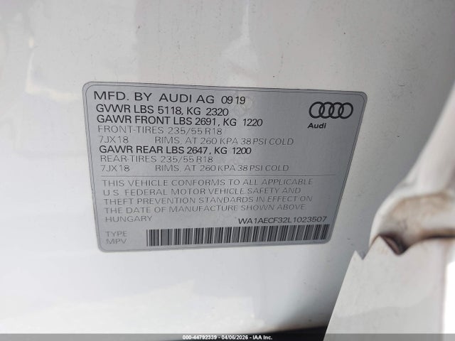 Продаж на аукціоні авто 2020 Audi Q3 Premium 45 Tfsi Quattro Tiptronic, vin: WA1AECF32L1023507, номер лоту: 44792339