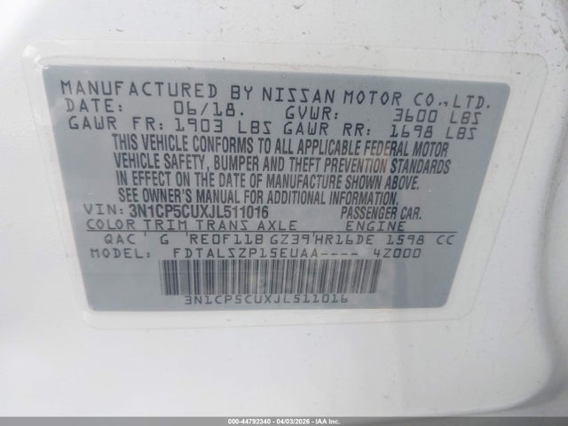 Aukcja sprzedaży 2018 Nissan Kicks Sv, vin: 3N1CP5CUXJL511016, numer aukcji: 44792340