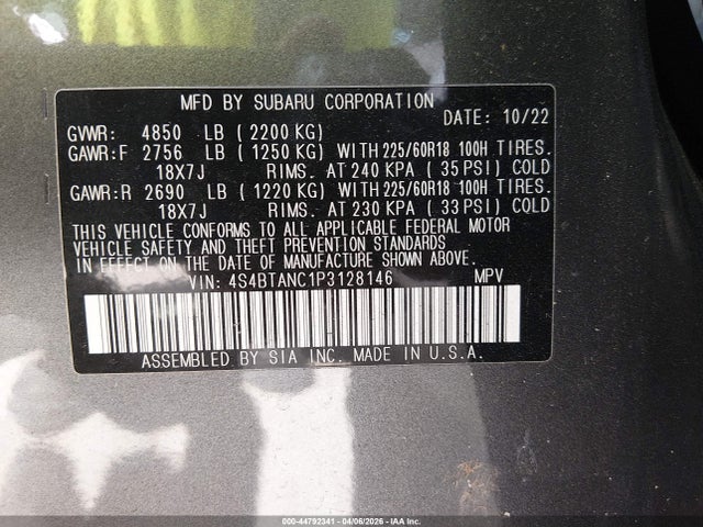 Продаж на аукціоні авто 2023 Subaru Outback Limited, vin: 4S4BTANC1P3128146, номер лоту: 44792341