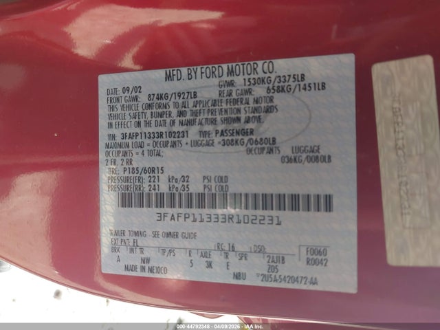 Продажа на аукционе авто 2003 Ford Zx2, vin: 3FAFP11333R102231, номер лота: 44792348
