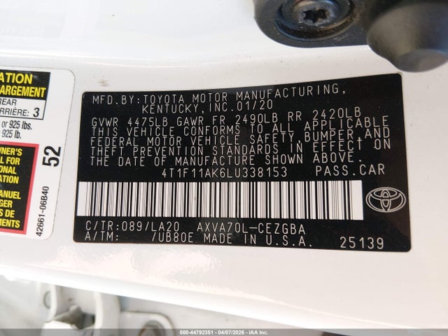 44792351 :رقم المزاد ، 4T1F11AK6LU338153 vin ، 2020 Toyota Camry Xle مزاد بيع