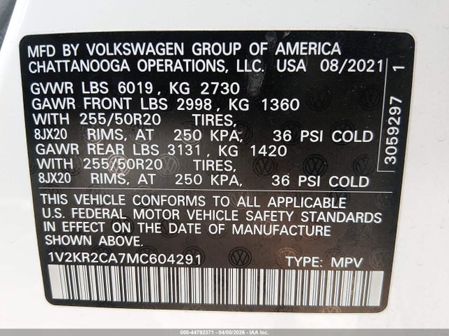 Aukcja sprzedaży 2021 Volkswagen Atlas 3.6l V6 Se W/technology, vin: 1V2KR2CA7MC604291, numer aukcji: 44792371