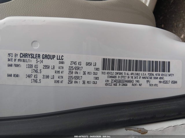 2014 Dodge Grand Caravan Se მანქანა იყიდება აუქციონზე, vin: 2C4RDGBG5ER400843, აუქციონის ნომერი: 44792372