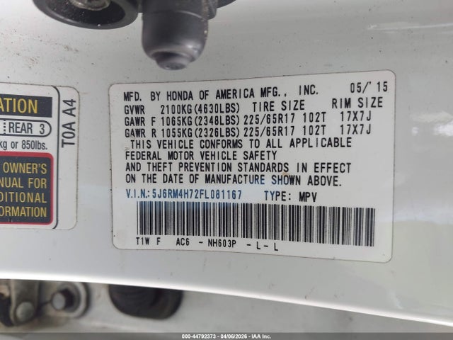 44792373 :رقم المزاد ، 5J6RM4H72FL081167 vin ، 2015 Honda Cr-v Ex-l مزاد بيع