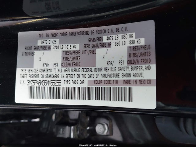 Aukcja sprzedaży 2025 Mazda Mazda3 2.5 S Select Sport, vin: 3MZBPABM3SM465265, numer aukcji: 44792401