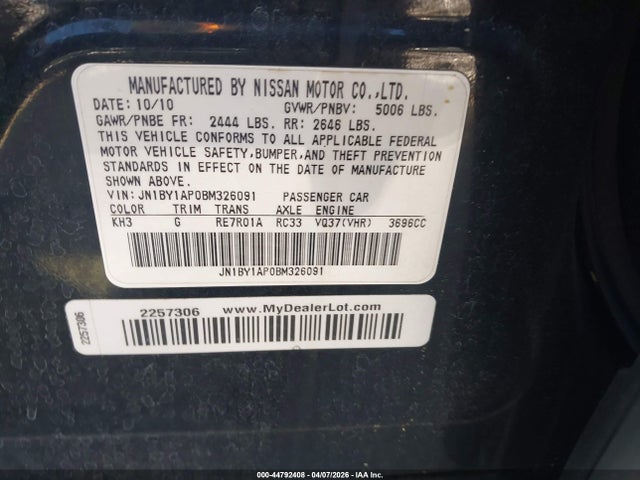 2011 Infiniti M37 მანქანა იყიდება აუქციონზე, vin: JN1BY1AP0BM326091, აუქციონის ნომერი: 44792408