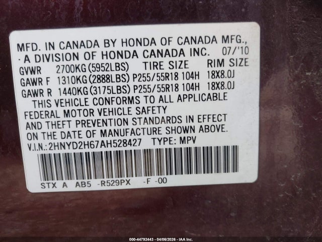 Продаж на аукціоні авто 2010 Acura Mdx Technology Package, vin: 2HNYD2H67AH528427, номер лоту: 44792443
