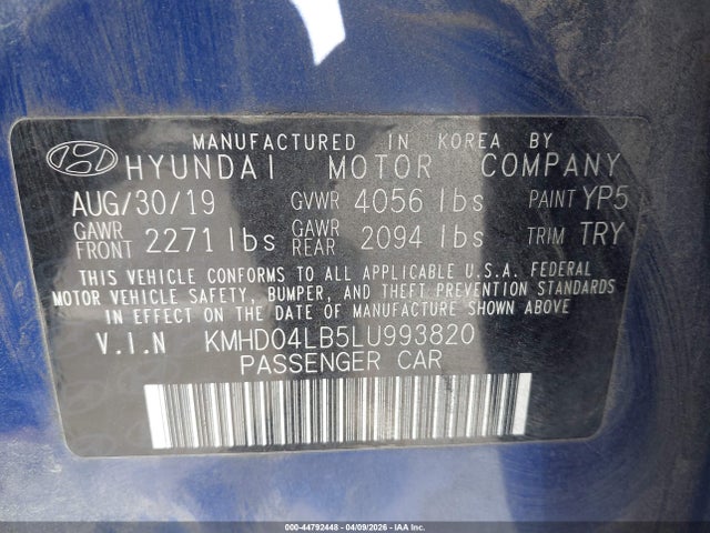 Aukcja sprzedaży 2020 Hyundai Elantra Sport, vin: KMHD04LB5LU993820, numer aukcji: 44792448