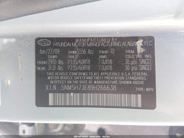 2009 HYUNDAI SANTA FE 5NMSH73E89H266638 Photo 8