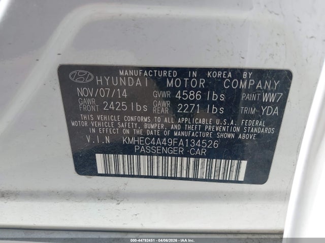 Продаж на аукціоні авто 2015 Hyundai Sonata Hybrid, vin: KMHEC4A49FA134526, номер лоту: 44792451