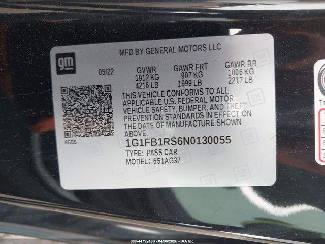 2022 Chevrolet Camaro Rwd  1lt მანქანა იყიდება აუქციონზე, vin: 1G1FB1RS6N0130055, აუქციონის ნომერი: 44792460