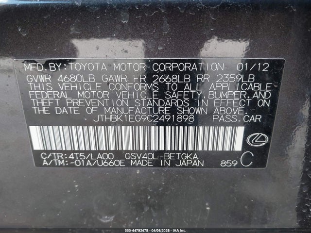 44792478 :رقم المزاد ، JTHBK1EG9C2491898 vin ، 2012 Lexus Es 350 مزاد بيع