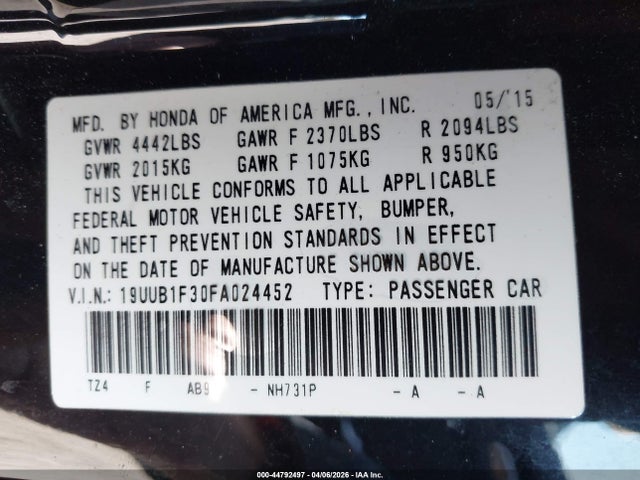 44792497 :رقم المزاد ، 19UUB1F30FA024452 vin ، 2015 Acura Tlx مزاد بيع