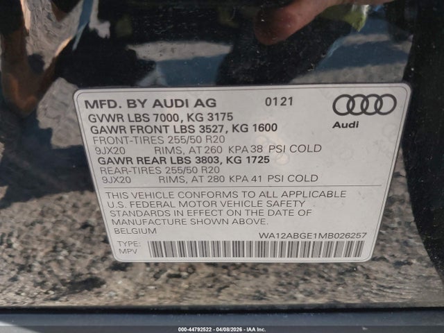2021 Audi E-tron Sportback Premium Plus Quattro მანქანა იყიდება აუქციონზე, vin: WA12ABGE1MB026257, აუქციონის ნომერი: 44792522