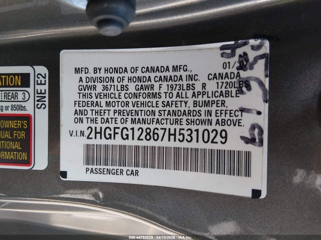2007 Honda Civic Ex მანქანა იყიდება აუქციონზე, vin: 2HGFG12867H531029, აუქციონის ნომერი: 44792529