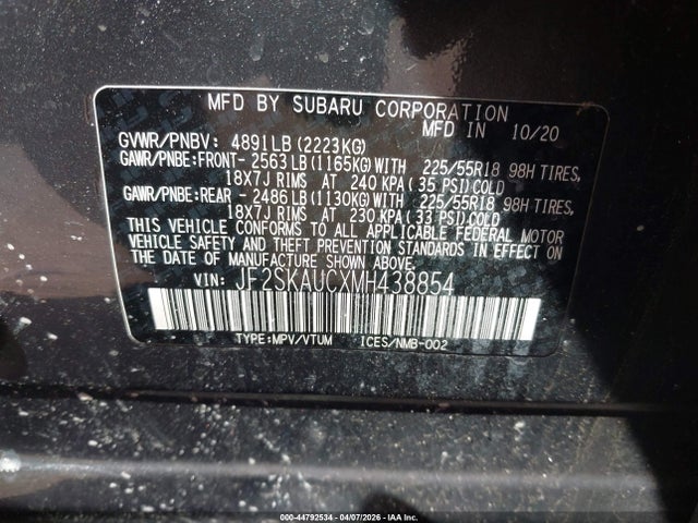 2021 Subaru Forester Limited მანქანა იყიდება აუქციონზე, vin: JF2SKAUCXMH438854, აუქციონის ნომერი: 44792534