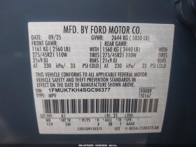 44792555 :رقم المزاد ، 1FMUK7KH4SGC96377 vin ، 2025 Ford Explorer St-line مزاد بيع