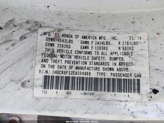 2014 Honda Accord Hybrid Ex-l მანქანა იყიდება აუქციონზე, vin: 1HGCR6F52EA004868, აუქციონის ნომერი: 44792562