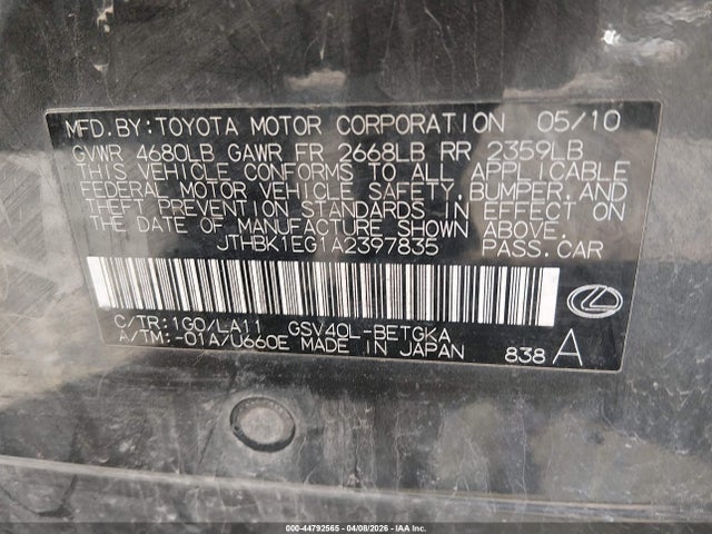 Aukcja sprzedaży 2010 Lexus Es 350, vin: JTHBK1EG1A2397835, numer aukcji: 44792565