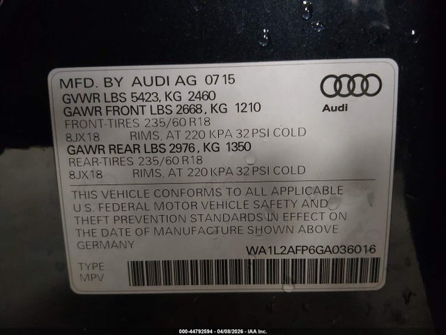 Auction sale of the 2016 Audi Q5 2.0t Premium, vin: WA1L2AFP6GA036016, lot number: 44792594