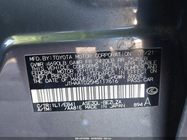 44792596 :رقم المزاد ، JTHAA1D25M5117616 vin ، 2021 Lexus Is 300 مزاد بيع