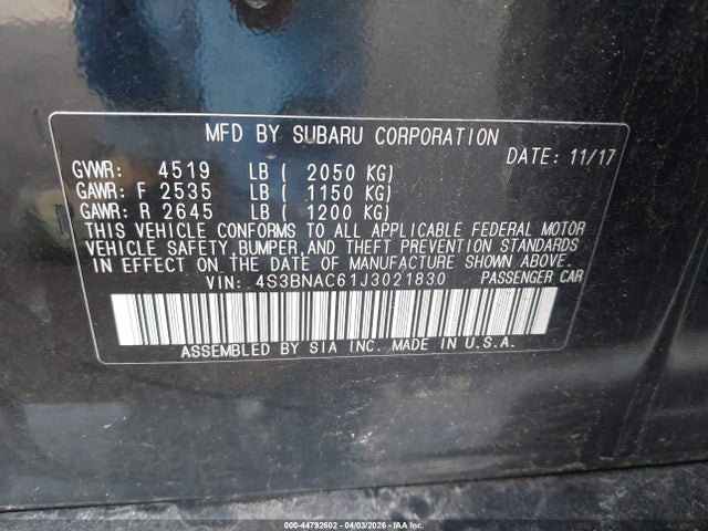 Subaru Legacy 2.5i Premium 2018 4S3BNAC61J3021830 Image 9
