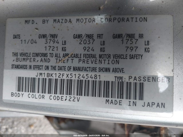 44792609 :رقم المزاد ، JM1BK12FX51245481 vin ، 2005 Mazda Mazda3 I مزاد بيع