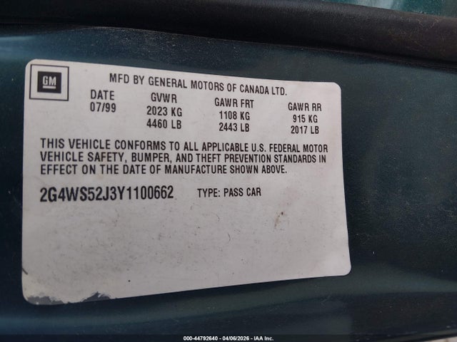 Auction sale of the 2000 Buick Century Custom, vin: 2G4WS52J3Y1100662, lot number: 44792640