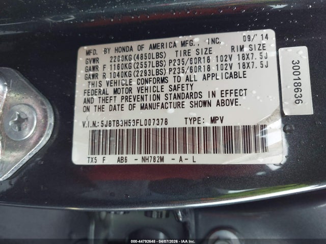44792648 :رقم المزاد ، 5J8TB3H53FL007378 vin ، 2015 Acura Rdx مزاد بيع
