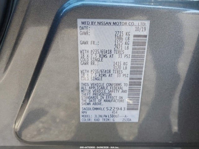 2020 Infiniti Qx60 Pure Awd მანქანა იყიდება აუქციონზე, vin: 5N1DL0MM4LC522943, აუქციონის ნომერი: 44792650
