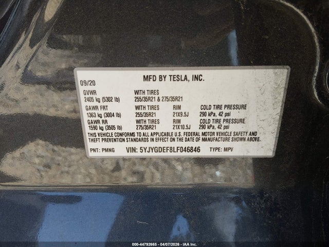 Aukcja sprzedaży 2020 Tesla Model Y Long Range Dual Motor All-wheel Drive/performance Dual Motor All-wheel Drive, vin: 5YJYGDEF8LF046846, numer aukcji: 44792665