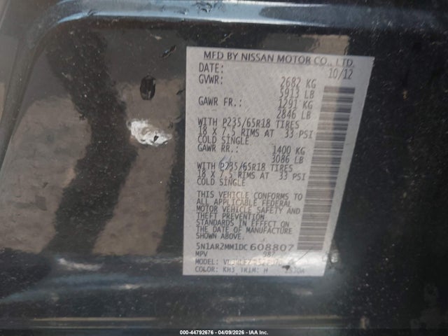 44792676 :رقم المزاد ، 5N1AR2MM1DC608807 vin ، 2013 Nissan Pathfinder Sv مزاد بيع
