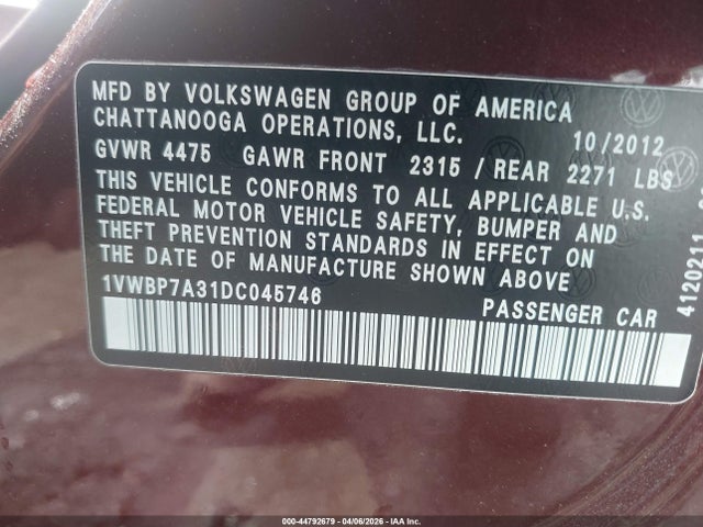 Продажа на аукционе авто 2013 Volkswagen Passat 2.5l Se, vin: 1VWBP7A31DC045746, номер лота: 44792679