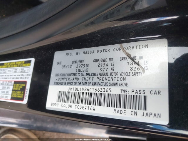44792685 :رقم المزاد ، JM1BL1V86C1663365 vin ، 2012 Mazda Mazda3 I Touring مزاد بيع