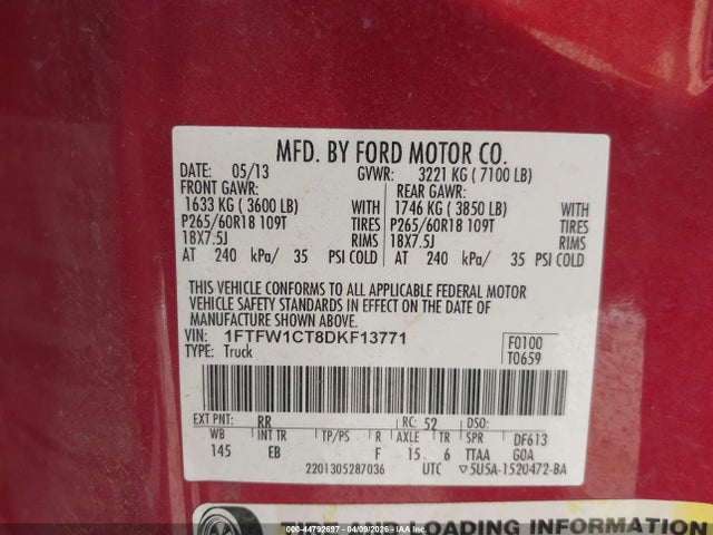 Aukcja sprzedaży 2013 Ford F-150 Lariat, vin: 1FTFW1CT8DKF13771, numer aukcji: 44792697