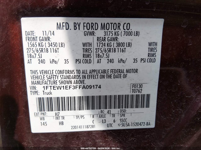 2015 Ford F-150 Lariat მანქანა იყიდება აუქციონზე, vin: 1FTEW1EF3FFA09174, აუქციონის ნომერი: 44792709