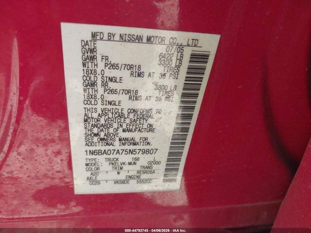 2005 Nissan Titan Le მანქანა იყიდება აუქციონზე, vin: 1N6BA07A75N579807, აუქციონის ნომერი: 44792745